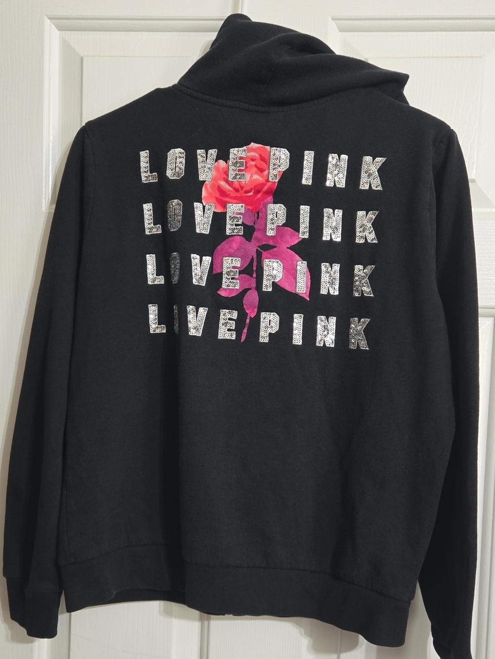 PINK Victoria's Secret Black Hoodie with Pink Floral 'LOVE PINK' Back Graphic